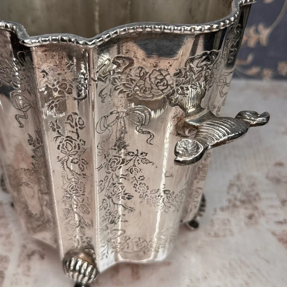 Vintage Ornate Silver Plate Ice Bucket w/ Tongs Floral Etched India Estate